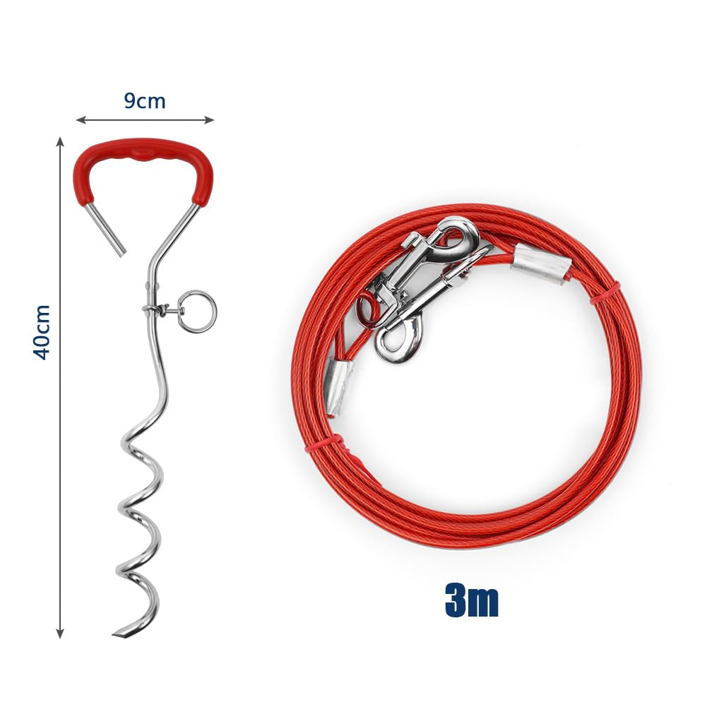 Aomig 20FT(3M) Dog Stake and Tie Out Cable, Heavy Duty Dog Tie Out Cable with Spiral Ground Stake, Sturdy Dog Lead Stake - Image 2