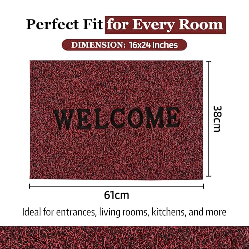 Image of Kuber Industries Pack of 4 Anti-Slip Welcome Print Grass Door Mats for Home| (16x24 Inch) Main Entrance Footmats for Bathroom, Living Room & Office | Grass Cut -Red & Green