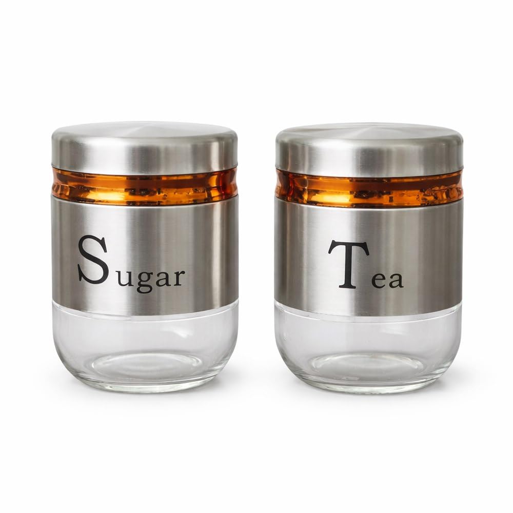 TREZVINA Tea & Sugar Jar Set of 2 (350 ml) | Stainless Steel Airtight Containers with Glass Base | Kitchen Storage for Sugar, Tea, Coffee | Modern Transparent Design | Airtight stainless steel containers with glass base for tea, sugar & coffee. Modern transparent design in silver