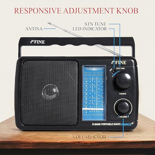 Image of FINE Portable 5 Band Radio with Telescopic Antenna, MW, SW, FM Bands, in-Built Speaker, Volume Control, and Carry Handle - Perfect for Home, and Outdoor Use