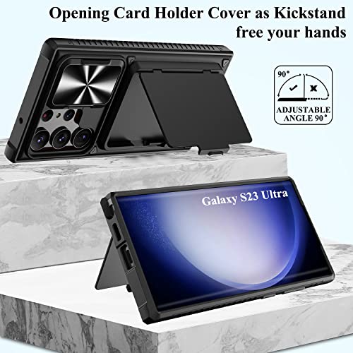 Bxyjy For Samsung Galaxy S23 Ultra Case With Card Holder & Kickstand & Slide Lens Cover, Anti-Drop Shockproof Dustproof Wallet Phone Case Cover Compatible With Galaxy S23 Ultra 5G 2023, Black #TOP3