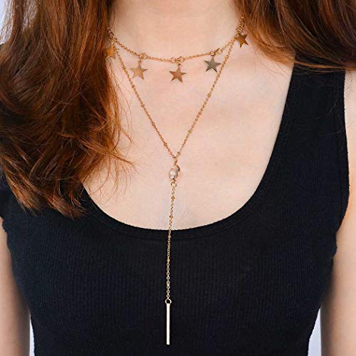 Preisvergleich Produktbild Jovono Simpl Mehrschichtige Kristall Anhänger Y-Halsketten Stern Pailletten Choker Halskette Kette Schmuck für Frauen und Mädchen (Gold)