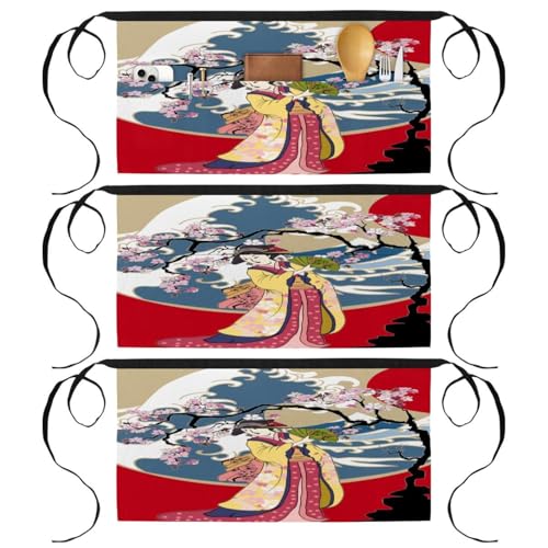 Lot de 3 tabliers courts de chef style kimono japonais avec 3 poches multicolores