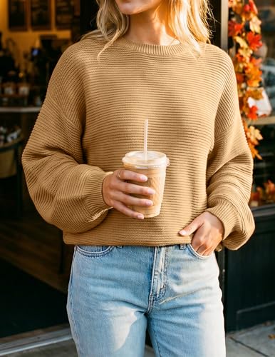 Image of ZESICA Women's Crew Neck Long Lantern Sleeve Fall 2026 Casual Loose Ribbed Knit Solid Soft Pullover Sweater Tops