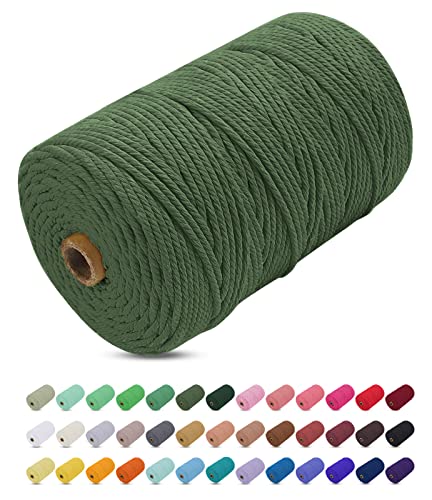 Uiopa Hilo Macrame 3mm x 200m, Cuerda Macrame Gruesa Cuerda de Algodon Natural, Cordel Colores Hilo de Algodón para Manualidades, Macrame Pared, Cortinas, Colgar Plantas, Colgar Fotos (Ejercito verde)