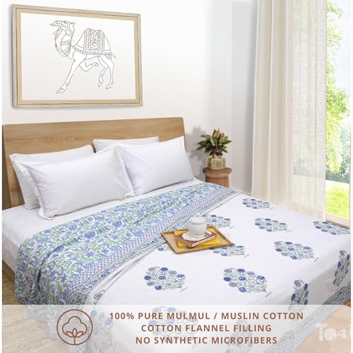 Image of TOAIArt Premium Jaipuri Dohar | AC Blanket Summer Quilt | Hand Block Printed | 3 Layers | Reversible | 150GSM 100% Mulmul Cotton | 100% Cotton Flannel Filling |King 108 inch X 90 inch | Mughal Motif