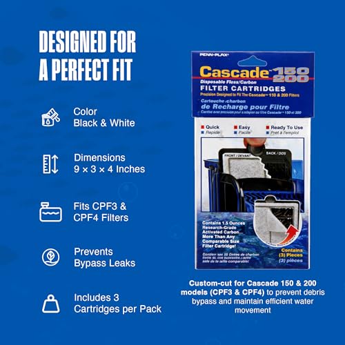 Image of Penn-Plax Cascade Hang-On Power Filter Replacement Cartridges, 3 Pack - Dual-Layer Activated Carbon & Poly-Fiber Media for CPF3 & CPF4 Aquarium Filters -Fresh & Saltwater Use -Black & White, ‎9x3x4 In