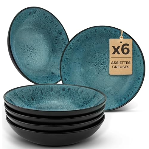 Twinzee 6 Assiette Creuses Azur - Compatible Micro-onde - Assiettes Service de Table Riviera Collection