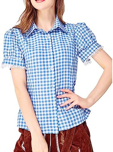 Trachtenbluse Damen Kariert Mit Flügelärmel - Dirndlbluse V-Ausschnitt Oktoberfest