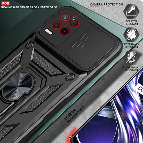 Image of AESTMO Tough Armor Compatible with Realme 9 5G / 8 / 8S / Narzo 30 5G Bumper Back Case Cover | Ring Holder & Sliding Camera Shield Cover | 360 Degree Protection Back Case Cover (Black)