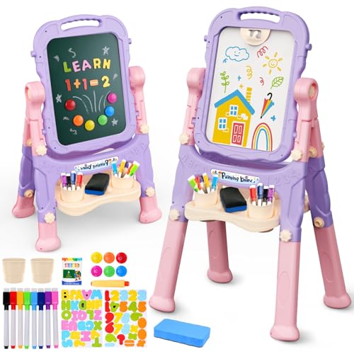 AuntyFey Easel for Kids, Toddler Easel, Double-Sided Chalk Board Kid, White Board, Kid Art Easel, Art Easel Age 4-8, Christmas Gift, Pink&Purple