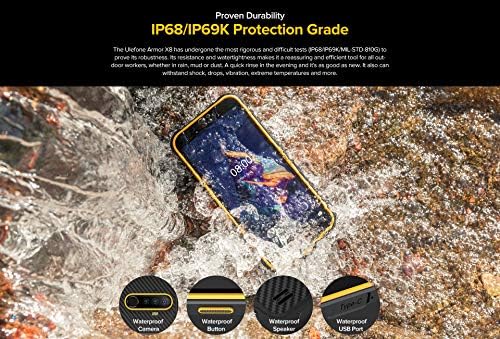 Rugged Mobile phone,Ulefone Armor X8 Android 10 Smartphone IP68 Waterproof, 4GB+64GB, 256GB External SD,13MP Triple Camera Underwater, 5080mAh Battery, NFC Fingerprint, 5.7’’ HD+ Screen,Orange