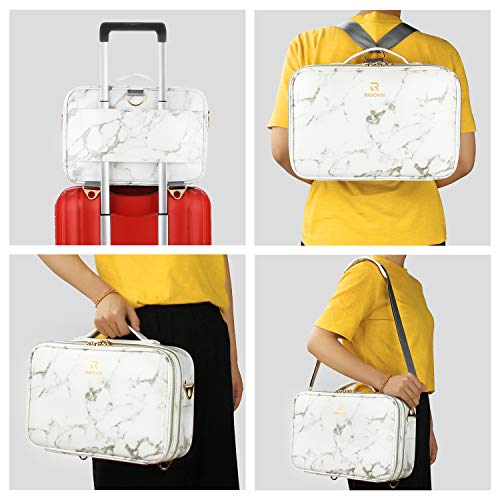 Relavel Makeup Bag Travel Makeup Train Case Large Cosmetic Case Professional Portable Makeup Brush Holder Organizer and Storage with Adjustable Dividers (Marble White)