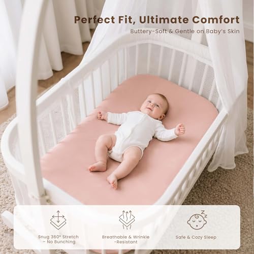 Image of Konssy 3 Pack Stretchy Bassinet Sheets for Baby Girl Boy, Soft Breathable Baby Bassinet Mattress Sheets Fit for Hourglass Oval Cradle, Moses Basket Rectangle Mattress (Pink Spring)