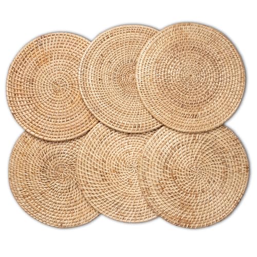 Image of Encasa XO Dining Round Table Mats Set of 6 | Rattan Placemat - 30 cm Diameter | Natural Cane Handmade Woven | Boho Farmhouse Wicker Chargers for Dinner Plates