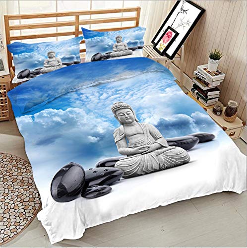 BEDSETAAA Parure De Lit 3D Image Ciel Bleu Bouddha Contient Trois Ensembles De Taies d'oreiller Housse De Couette Cover