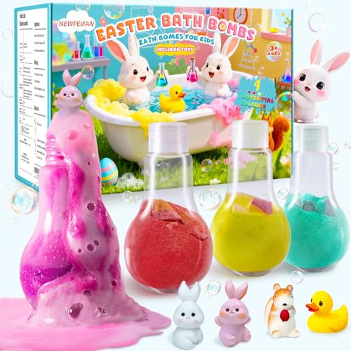 Easter Potions Bath Bombs for Kids with Surprise Toys Inside, Teen Easter Basket Stuffers, 4-Pack Colorful Fun Bubble Bath Toys, Cool Foam Explosion,...