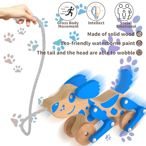 Image of Montessori Toys 1 2 3 4 Years Old Boys Girls Wooden Walking Pull Dog Toy for Baby Toddler, Pull Along Walking Toys, Walk Along Puppy Pull, Wooden Pull & Push Toy (Blue)