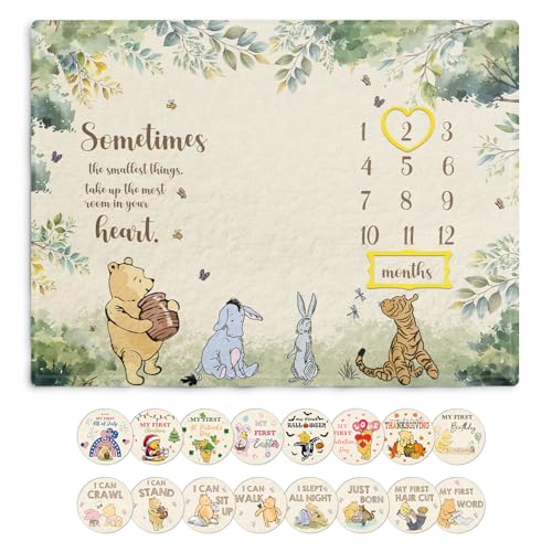 Image of Winnie Quotes Milestone Blanket, Baby Blankets with 8pcs Holiday Cardstock | Pooh Milestone Blanket for Baby, Polyester Material, Newborn Photography Background Decor, 35.4*47.2in