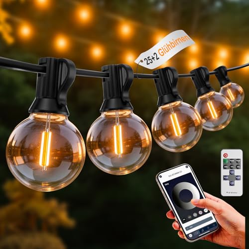 G40 Lichterkette Außen Strom LED Lichterkette Outdoor Mit Fernbedienung & App-Steuerung Dimmbar 23 5M 77FT 25+2 Lichterkette Warmweiß Außen Innen Wasserdicht Glühbirnen für Garten Balkon