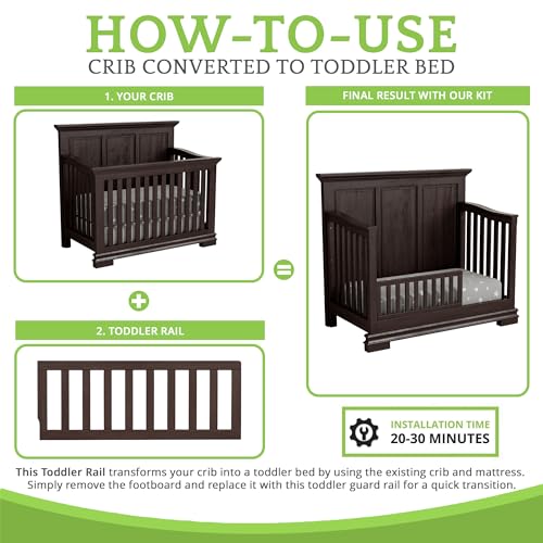 Image of Toddler Bed Safety Guard Rail for Oxford Baby, Soho, Ozlo & Avalon Baby Convertible Cribs - Solid Wood Rail for Toddler Bed Conversion - Safety Rails for Children (Espresso, Option 2)