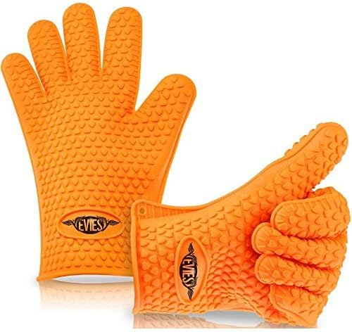 EVIES #1 Best Cooking Gloves BBQ Mitts - Heat Resistant Grilling Waterproof - Full Hand Grip, Silicone, Kitchen Product Ever, Insulated, Which Can Withstand Temperatures up to 425 Degrees - Two Orange Gloves Included by Evies