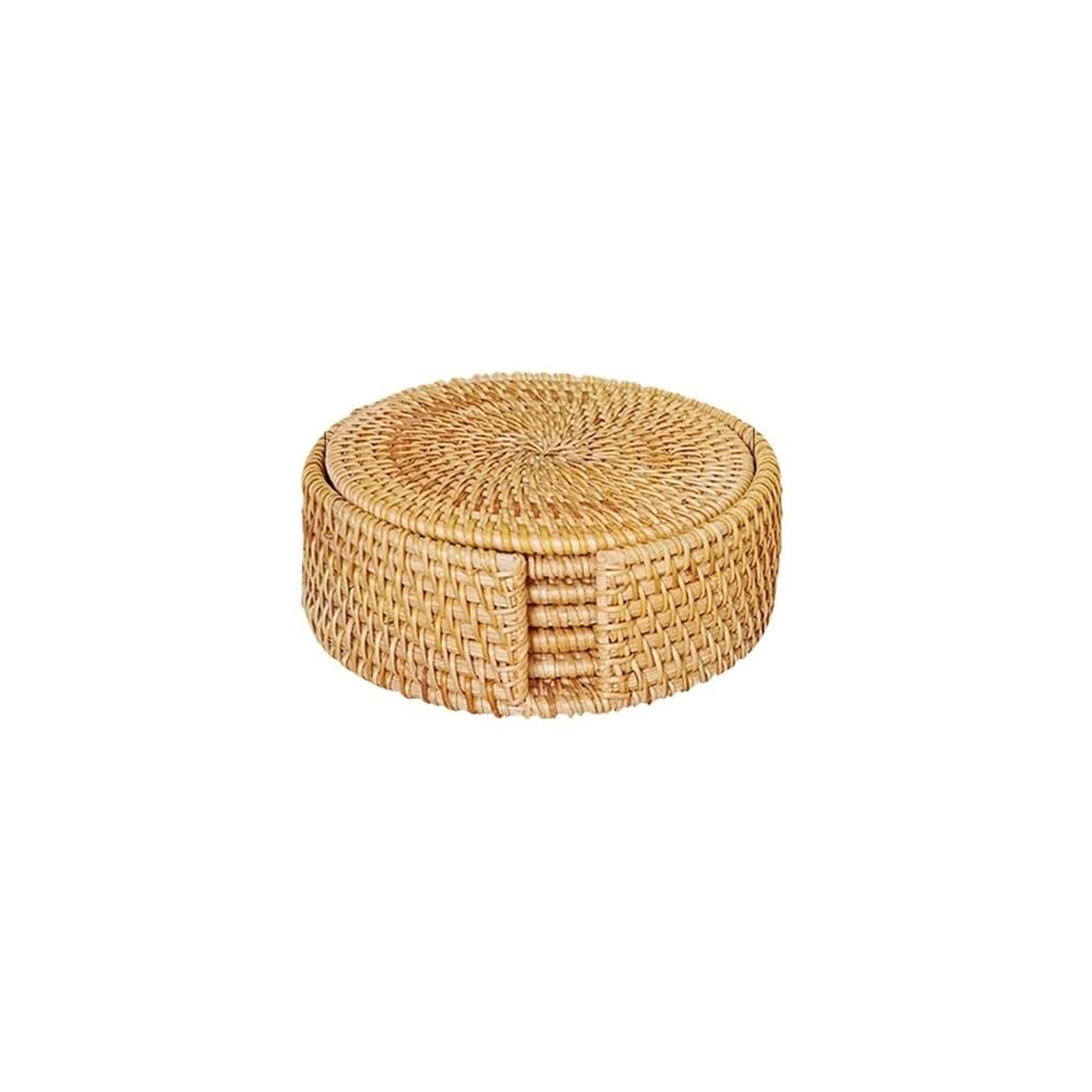 6 szt. tkanych rattanowych podstawek z uchwytem mata stołowa podkładka pod kubek do kawy herbaty podstawka garnek miska podkładka szklana podstawa akcesoria kuchenne (16 cm)