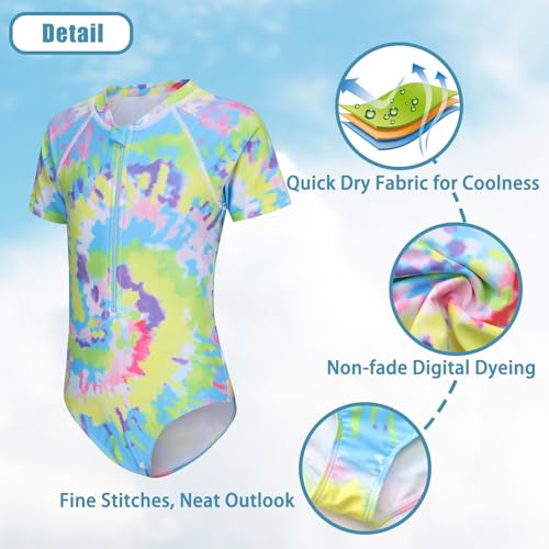 Image of Girls One Piece Rash Guard Swimsuits for Kids Girls Short Sleeve Bathing Suits with Front Zipper Swimwear 3-16 Years