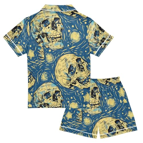 ALAZA Starry Sugar Skull Skeleton Pajamas Satin Pajama Set Short Sleeve Button Down Sleepwear2