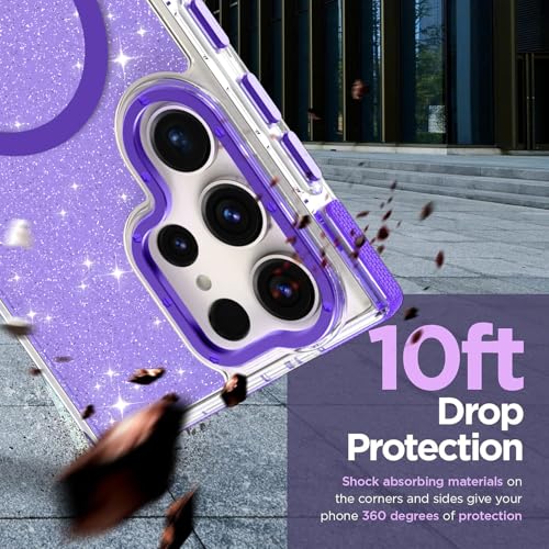 Image of Magnetic Case for Samsung Galaxy S22 Ultra [Compatible with Magsafe] [Bling Glitter Fluorescent Design] [1 Screen Protector] Slim Translucent Matte Case for Galaxy S22 Ultra 6.8 inch, Purple