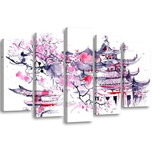 Feeby Canvas Schilderij 5-delig 100×70 Foto op Canvasdoek Abstracte Muurdecoratie Wanddecoratie Kunstprint XXL Type A Japanse Kersenboom Tempel Kersenbloesem Paars Roze