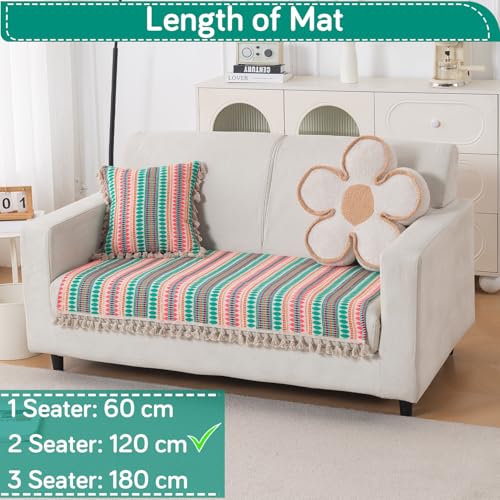 Image of HOKIPO 'Artisan Boho Series' Sofa Cover Mat with Tassel | 450 GSM Cotton Acrylic Jacquard for 2 Seater Sofa, Mint Green (IN-902-A7*S)