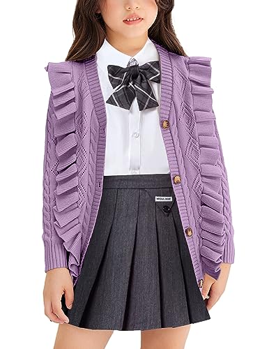 Image of Arshiner Girls Cardigan Sweaters Ruffle School Uniform Sweater V Neck Button Front Outerwear 4-13 Years