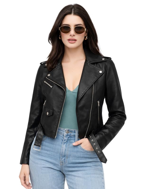 leather retail Women's Black Biker Faux Leather Jacket-picture-22