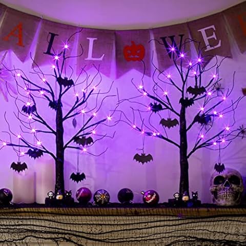 EAMBRITE Halloween Tree, Black Halloween Decorations Indoor, 2FT Spooky Tabletop Trees Battery Operated with 24LED Purple Lights 8 Bat Ornaments, Halloween Centerpieces for Tables, Home, Room(2 Pack) Cover