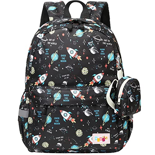 MIRLEWAIY Kids BackpackSchool Bag Preschool Cute Kindergarten School Backpack for Boys and Girls with Coin Pouch, Rocket Pettern, Black