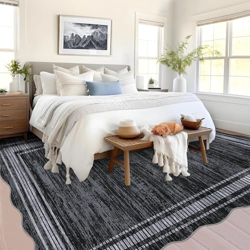 GarveeHome Scalloped 5x7 Rugs Washable Area Rugs for Living Room, Modern Bordered Solid Rug for Bedroom, Abstract Scalloped Non-Slip Stain Resistant Carpet for Dining Room Home Office Dorm,Black