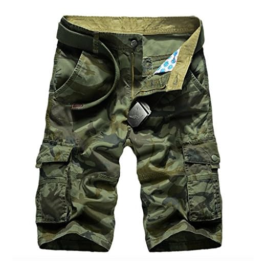 WSLCN Bermudas Masculinas Camufladas de Carga Casual 100% Algodão Reta sem Cinto Verde Cintura 42