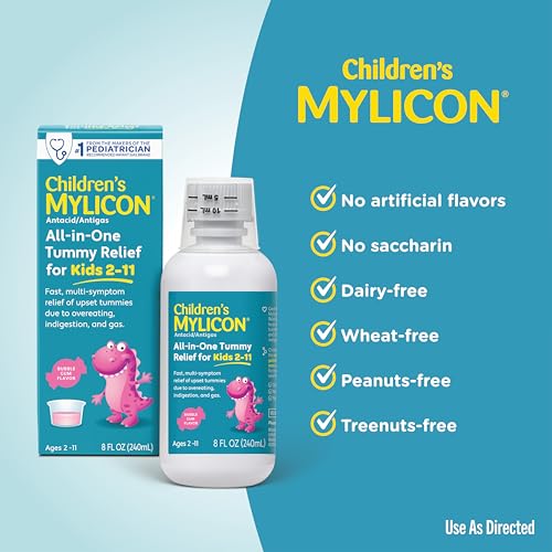 Image of MYLICON Children's All-in-One Tummy Relief Liquid for Kids, Bubble Gum, 8oz | Multi-symptom liquid soothes kids' upset tummies from bloating, gas & indigestion fast . Bubble gum flavor . For ages 2-11
