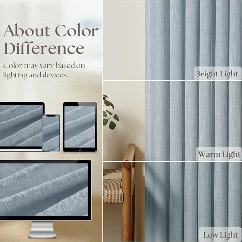 Image of Light Blue Linen Curtains 102 Inches Long for Living Room Pinch Pleated Drape with Hooks Rings for Track System Light Filtering 102 Inch Curtain for Bedroom Sliding Patio Door 2 Panels Dusty Blue