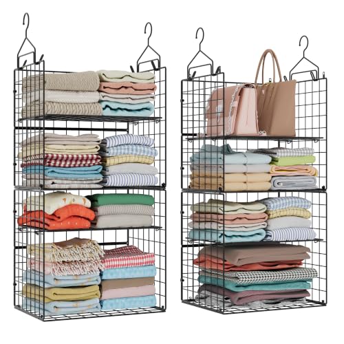 Image of Hanging Closet Organizer and Storage - 8 Tier Closet Hanging Organizer Shelves, Metal & Foldable Hanging Storage Organizer Baskets with Adjustable Dividers for Clothing Sweaters Shoes Handbags