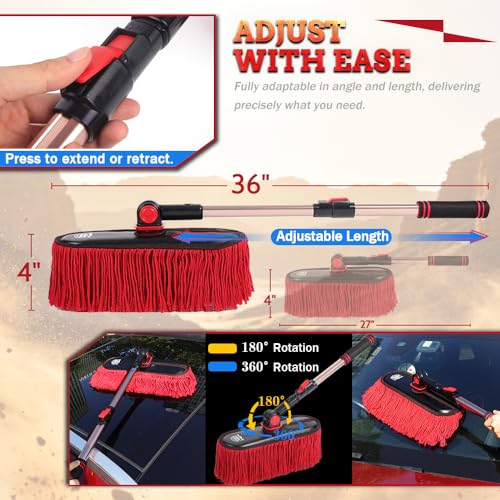 Image of Exterior Car Duster & Brush Kit - Extendable，Wax Cotton | Telescoping auto mop traps pollen scratch-free. Combo with inside detailing tools & bag. Gift for SUV, truck, motorcycle.