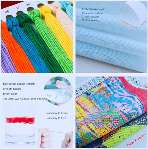 Image of Joyhoor Stamped Cross Stitch Kits for Beginners Needlepoint Kits for Adults Embroidery Kits 11CT Counted Cross Stitch Kits Printed Embroidery Pattern-Rainbow Unicorn 18x18 inchs