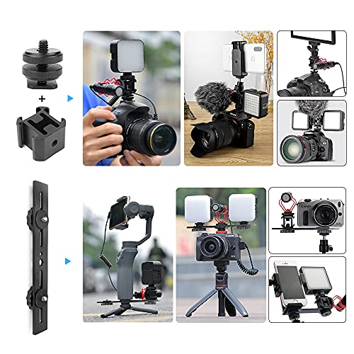 JEBUTU カメラプレート カメラ 2台 設置可能 シューブラケット 3つシューマウント フラッシュ ブラケット カメラ延長ブラケット ストレートブラケット 1/4 ネジ穴 3/8"ネジ穴付 多数撮影設備の取付に対応 カメラブラケット チーズプレート マイクバー マイクマウント シューアダプター&スマホクリップ付 カメラ台座 三脚マウント 軽量 雲台/三脚/一脚/自撮り棒/アクションカメラ/デジカメ/ミラーレス/ジンバル/ビデオライト/ストロボ/ライトスタンドなどに対応