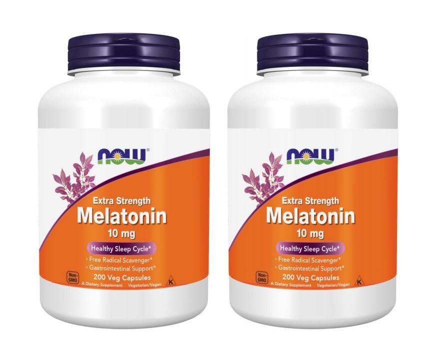 NOW Foods Supplements Melatonin Extra Strength 10 mg Free Radical Scavenger* Healthy Sleep Cycle* 200 Veg Capsules (Pack of 2)