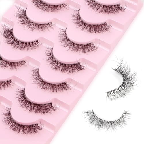 Parriparri Pestañas Postizas Naturales Banda Transparente 7 Pares Pestañas Postizas Cat eye Esponjosas Wispy Lashes Natural Look Fluffy Faux Mink Eyelashes