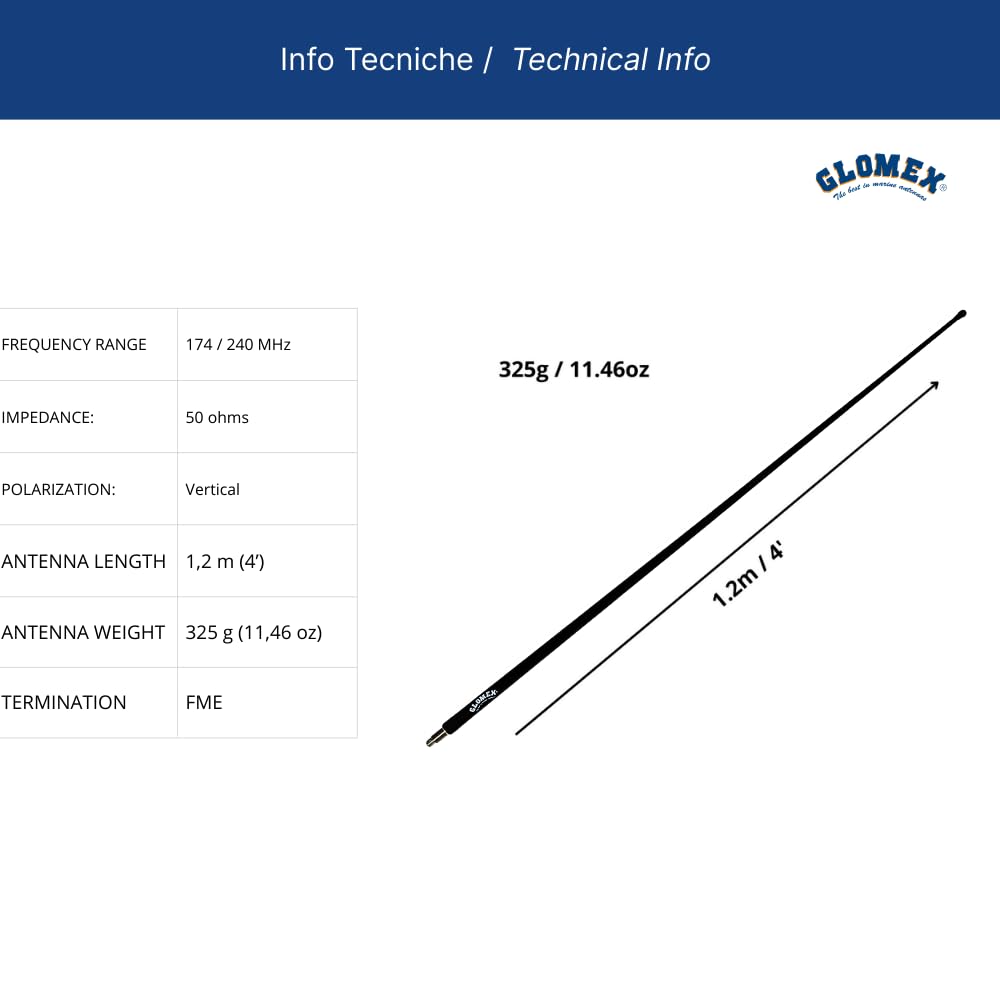 Glomex – Antenna Marina DAB GLOMEASY 1,2 m nera, Modello RA300DAB/BK – Installazione Rapida Fast Fitting, per barche a vela, motore, gommoni, yacht – Ricezione Digitale Affidabile