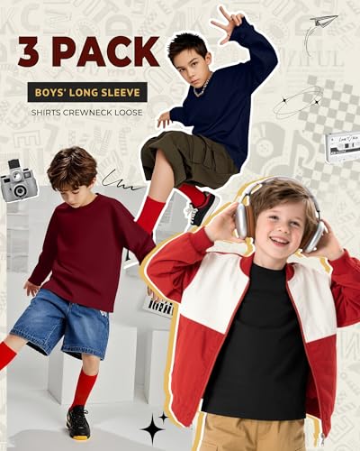 3 Pack Long Sleeve Shirts for Boy Crewneck Cotton Youth Undershirts Loose Kids Tops Fall Basic Tee Pullover3