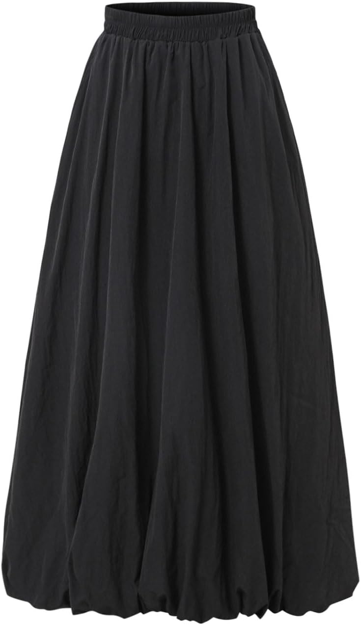 Women's Black Bubble Skirt Elastic Waist Casual Party Y2K Puffy Hem A-line Long Skirts with Pockets - Image 6