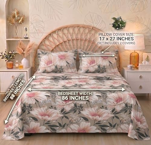 Image of HOMEKART Floral Printed King Size Cotton Bedsheet with 2 Pillow Covers | Luxury Double Bed Bedding Set 86x88 Inches | Ultra Soft, Breathable & Wrinkle Resistant & Home Decor (Misty Pink Bloom)
